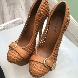 Bebe Faux Leather Tan Platform Stilettos